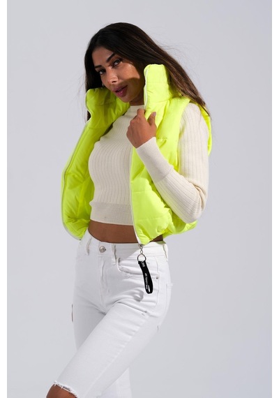 Keyifli Moda Kadın Neon Yeşil Sırtı Taş İşlemeli Dik Yaka Kısa Şişme Yelek-neon Yeşil Neon Yeşil