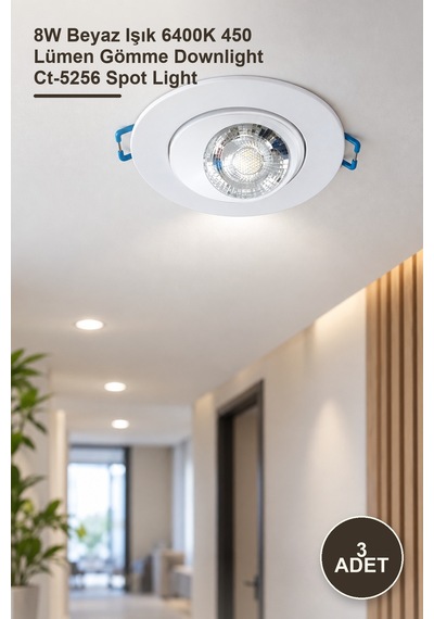 3 Adet Ct-5256b Led Spot Armatür 8w Beyaz Işık 6400k 450 Lümen Gömme Downlight Ct-5256 Spot Light