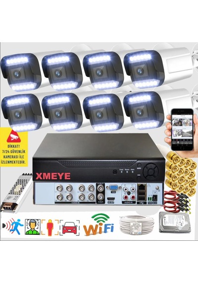 8 Li Araç İnsan Yüz Tanımalı Hareket Algılayan 5 Mp Lens 12 Warm Led Gece Renkli Kamera Seti 3312w