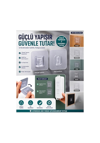 7 Çift Şeffaf Çift Taraflı Geçmeli Yapışkanlı Askı Priz Ve Tablo Sabitleyici Matkapsız Duvar Aparatı Şeffaf Şeffaf