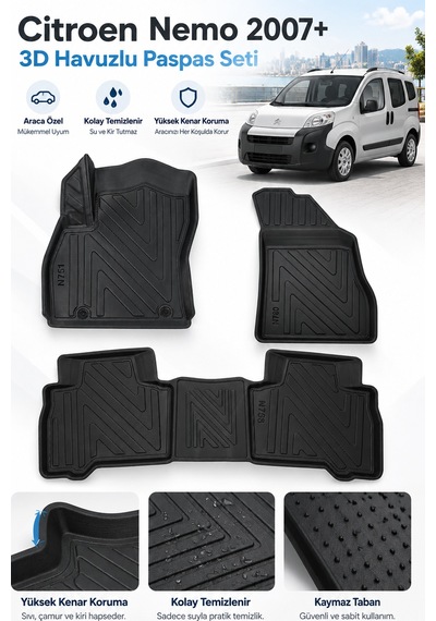 Citroen Nemo 2010 Karbon Desenli Premium 3d Havuzlu Oto Paspas