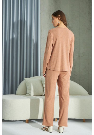 Sevim Kadın Uzun Kol Ribana Taba Pijama Takımı C1t5n2o69 001