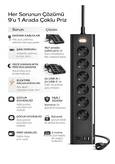 3680w 1050j Akım Korumalı 5li Priz 2 Usb 2 Type-c 3.4a Dokunmatik Led Anahtarlı 2m Kablo Çoklu Priz Siyah