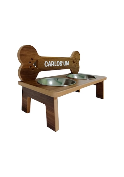 Realwood Ahşap Çelik Kaseli Özel İsim Baskılı Büyük Orta Irk Köpek Mama Su Kabı 1 L