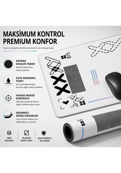 Grıd Xxl Mouse Pad 90x40 Cm, Büyük Masa Matı, 3 Mm Dikişli Kenar, Kaymaz Kauçuk Taban, Gaming Mousepad White Gr