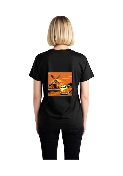 Paybuy Kadın Vintage Minibüs Sunset Manzara Baskılı Günlük Rahat Pamuk T Siyah