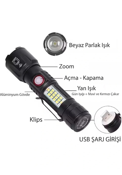 Ws-2828 Ultra Usb Şarjlı Polis El Feneri, Bekçi, Asker El Feneri Kırmızı Mavi Çakarlı 1000 Lümen 55