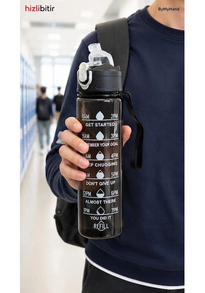 Bymyhand Siyah Taşıma Kulplu Kilit Kapaklı Pipetli Suluk Okul Matarası Motivasyon Matarası 800 Ml