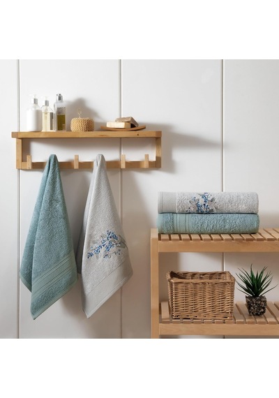 Mimosa Çiçekli%60 Pamuk%40 Viskoz Hamam Seti, Taş-nil Mavisi, 2 Adet 70x150 Cm, 2 Adet 50x90 Cm Çok Renkli