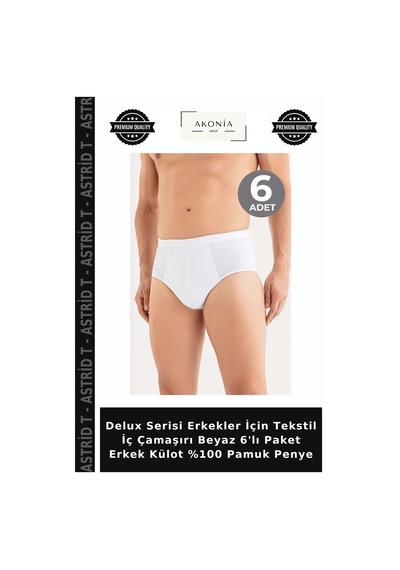 Astrid T Delux Serisi Erkekler İçin Tekstil İç Çamaşırı Beyaz 6'lı Paket Erkek Külot %100 Pamuk Penye