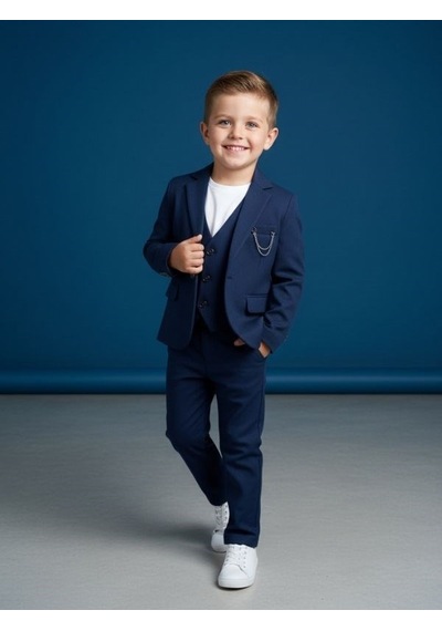 Zekids Erkek Çocuk Slim Fit 3 Lü Takım Elbise Ceket + Yelek + Pantolon -10333 Lacivert