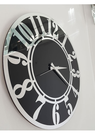 Ayna Denizi Silver Latin Black Model Gümüş Siyah Renk 50 CM Dekoratif Aynalı Duvar Saati Gümüş - Siyah