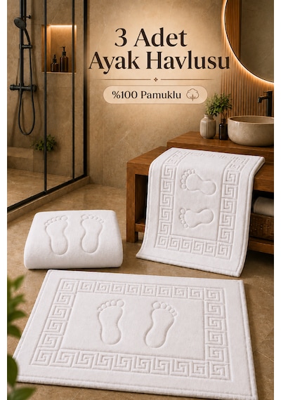 Nirvana 3 Adet Beyaz %100 Pamuklu Ayak Havlusu / Banyo Paspası