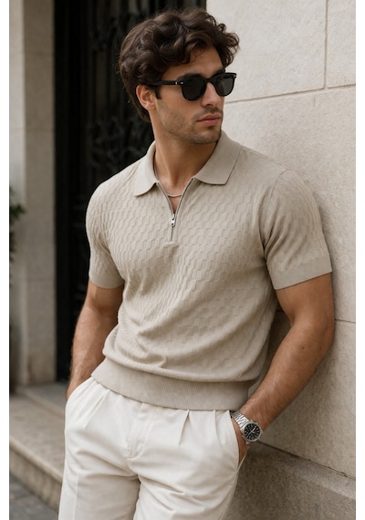 Erkek Fermuarlı Polo Yaka Triko Tişört Slim Fit Dokulu Yazlık Şık Casual Bej