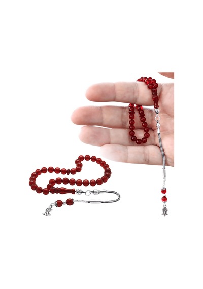 Tesbihane Damla Kehribar Tesbih - 925 Ayar Gümüş Püsküllü - Kırmızı Renk - Küre Kesim