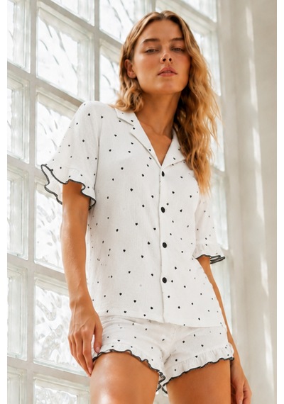 Kadın Örme Pamuklu Mini Boy Beyaz Pijama Takımı