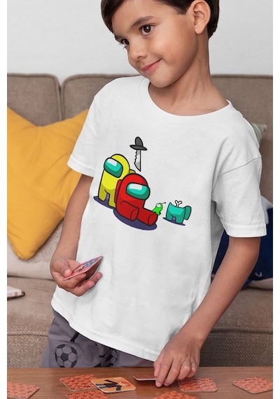 Sevbano Among Us Baskılı Unisex Oyun Çocuk Tişört 1-12 Yaş Beyaz