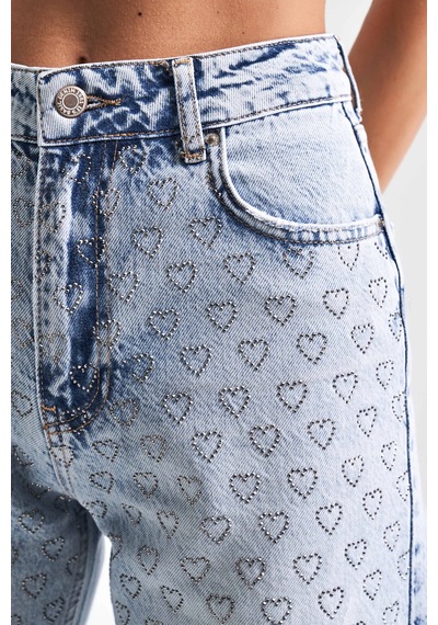 Itsbasic Kadın Snow Kot Rengi Doris T5-4s5-27 Straight Fit Kalpli Parlak Taşlı Tasarım Denim Jean Snow-taşlı