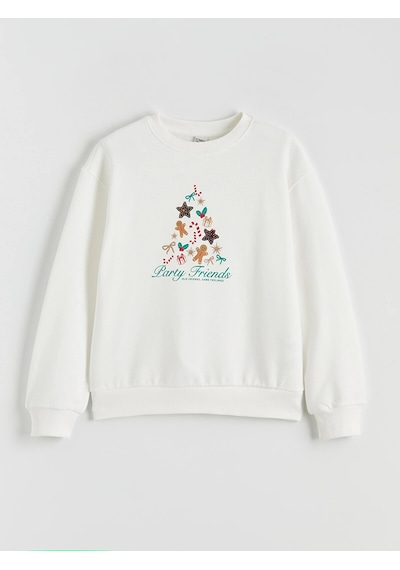 LC Waikiki Lcw Kids Ekru Yılbaşı Temalı Kız Çocuk Kalın Sweatshirt Ecru