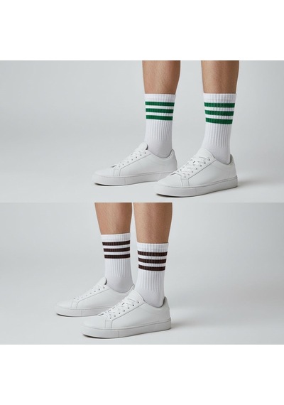 Plus Scorpion Beyaz Çizgili Tenis Çorabı Unisex Pamuklu, Uzun Spor Çorabı Beyaz