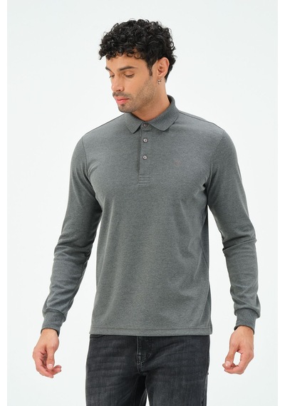 Uzun Kollu Regular Fit Erkek Polo Yaka T-shirt Gri