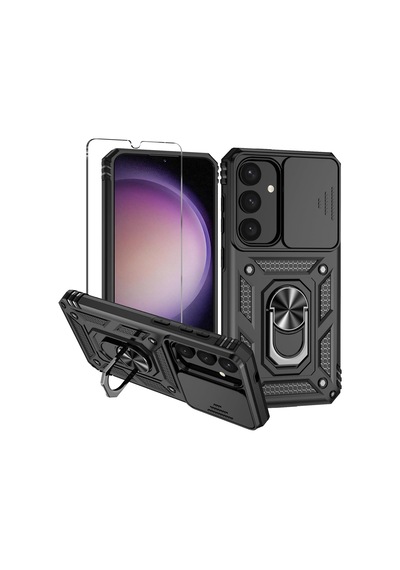 Samsung Galaxy S25 Plus Uyumlu Kamera Sürgülü Tank Kılıf Ve Temperli Cam Ekran Koruyucu Set Siyah