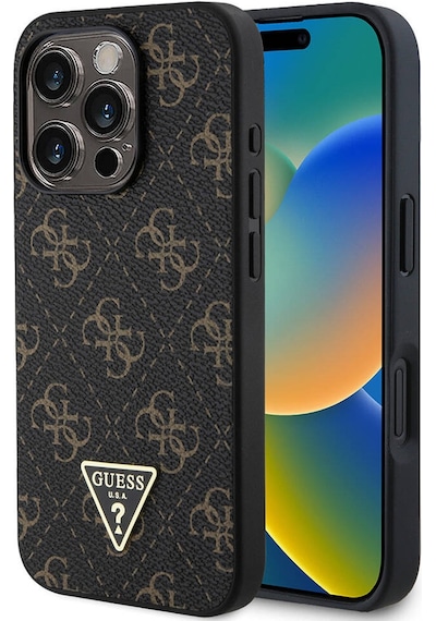 Apple iPhone 16 Pro Max Uyumlu Kılıf Guess  Lisanslı Pu Deri 4g Desenli Üçgen Logolu Kapak Siyah