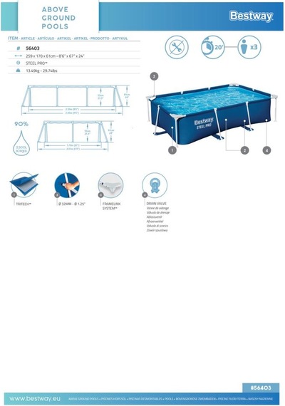 Bestway 56403 Steel Pro Dikdörtgen Yerüstü Prefabrik Havuz 2,59 M X 1,70 M X 61 Cm