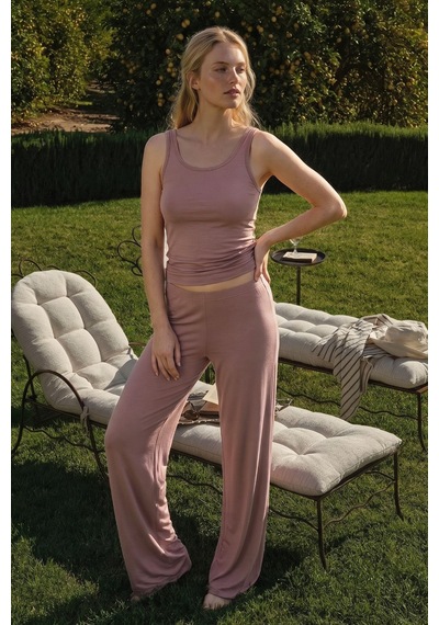 Siyah İnci Geniş Askılı Viskon Örme Pijama Takım 8012 Gül kurusu
