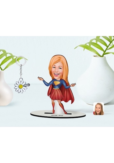 Kişiye Özel Süper Girl Karikatürlü 3D Ahşap Biblo Ve Isimli Silve