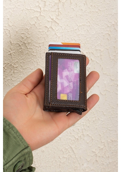 Newish Polo Mekanizmalı Rfid Özellikli Cüzdan Kredi Kartlık - Hakiki Deri Kahve