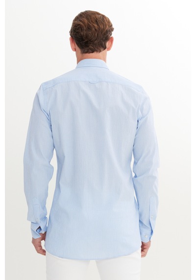 AC&Co / Altınyıldız Classics Erkek Beyaz Mavı Pamuklu Slim Fit Dar Kesim Düğmeli Yaka Kareli Gömlek Beyaz Mavı