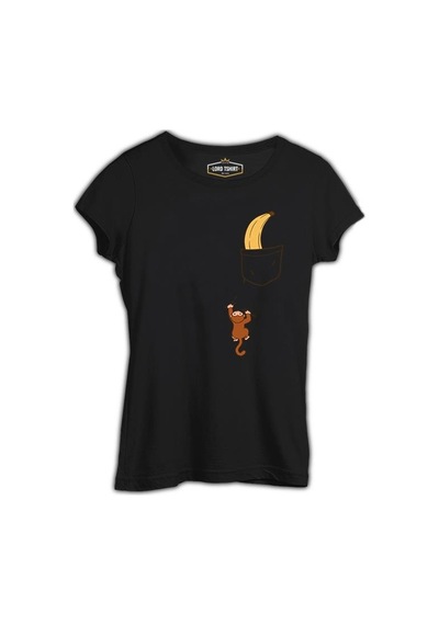 Monkey Climbing For Banana İn The Pocket Siyah Kadın Tshirt 001