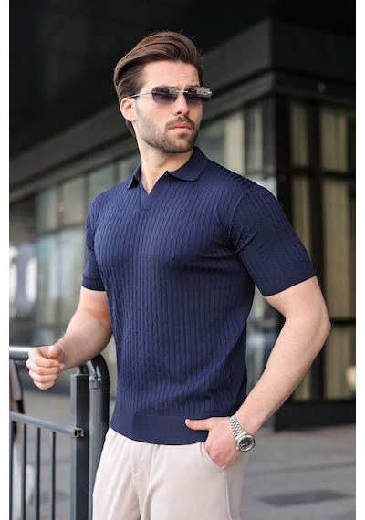 Madmext Lacivert Slim Fit Polo Yaka Triko Erkek Tişört E7472 Lacivert