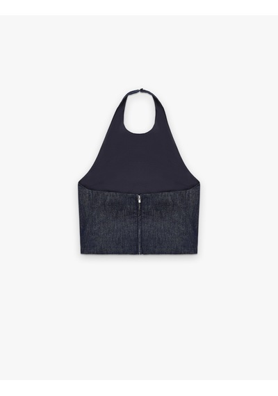 Koton Kolsuz Pamuklu Denim Halter Yaka Bluz Koyu İndigo 6sal30011md Dark Indigo