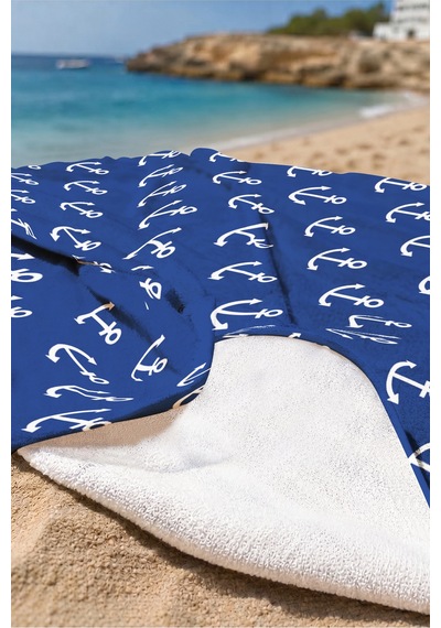 Çapa Marine Lacivert Plaj Havlusu - Nautical Beyaz Lacivert Hızlı Kuruyan Mikrofiber Havlu Kuru Kıyısı
