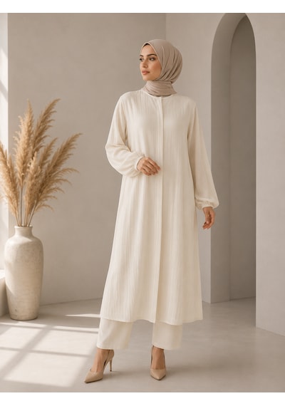 Bidesing Kadın Modern Tunik Pantolon Kombini Ekru