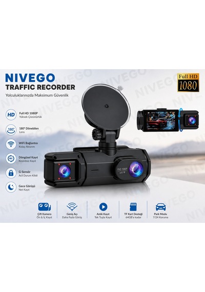 Nıvego Çift Kameralı Araç İçi Kamera Full Hd 1080p, Wifi, Gece Görüş, 180 Geniş Açı, G-sensör, 64gb Destekli Dash Cam
