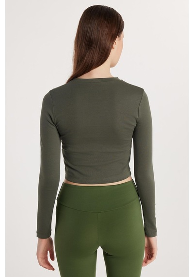 Tudors Kadın Slim Fit Pamuklu Uzun Kol Düz Bisiklet Yaka Haki Bluz-33485 haki