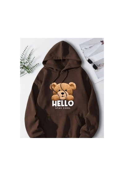 Herkesemoda Hello Stay Scool Baskı Detaylı Kapüşonlu Sweatshırt Kahve Kahverengi
