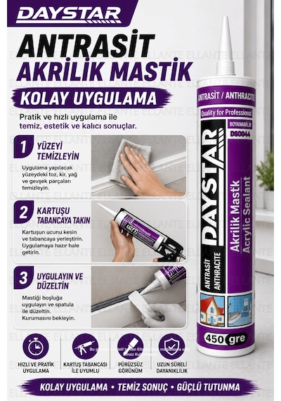 Daystar Antrasit Akrilik Mastik 450 Gr Boyanabilir Çatlak Ve Boşluk Dolgu Malzemesi Güçlü Yapışma Çok Renkli