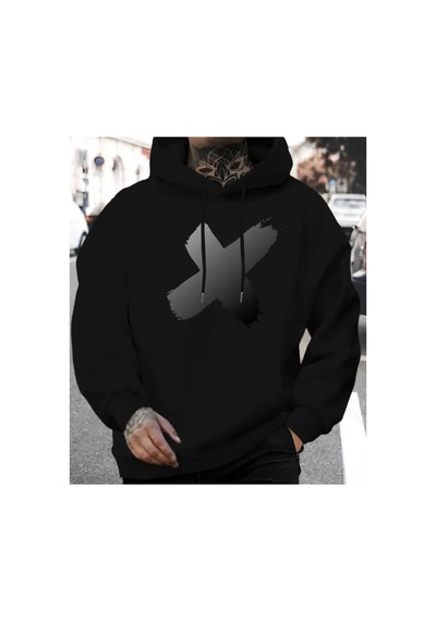 Herkesemoda X Baskı Detaylı Kapüşonlu Sweatshırt Siyah