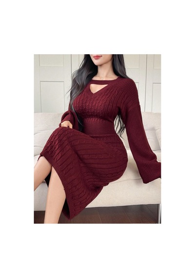 Sayzen Your Shine Choker Yaka Saç Örgü Desenli Balon Kol Kadın Triko Elbise Bordo