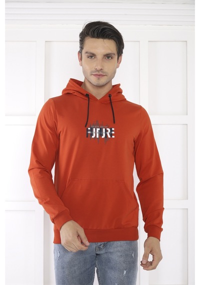 Escetic Spor Erkek Kiremit Cepli, Kapüşonlu Sweatshirt-4165