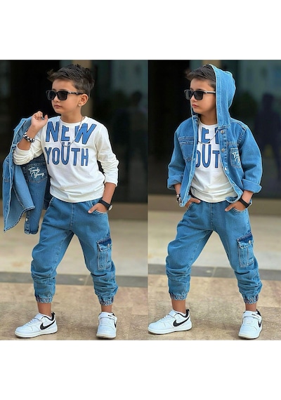 My Kids Wear Erkek Çocuk Bayramlık Kapüşonlu Kot Ceket, Pantolon & Tişört 3 Lü 12489 Beyaz - Mavi My Kids Wear Erkek Çocuk Bayramlık Kapüşonlu Kot Ceket, Pantolon & Tişört 3 Lü 12489 Beyaz - Mavi