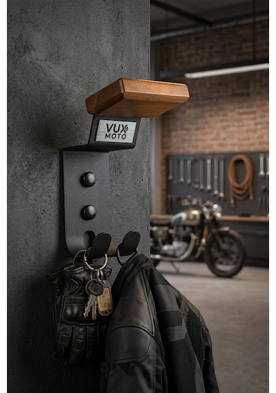 Vux Moto Premium Kask Askısı Ahşap Metal Motosiklet Ekipman Askılığı Mat Siyah