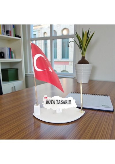 Doğal Beyaz Harita Mermer İsimlik Bayrak Ve Kalemli Gold