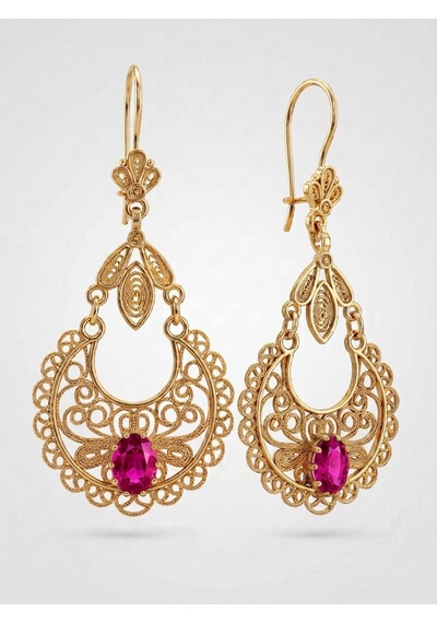925 Ayar Gümüş Geleneksel Telkari İşlemeli Gold Fuşya Taşlı Sallantılı Küpe Rze10395