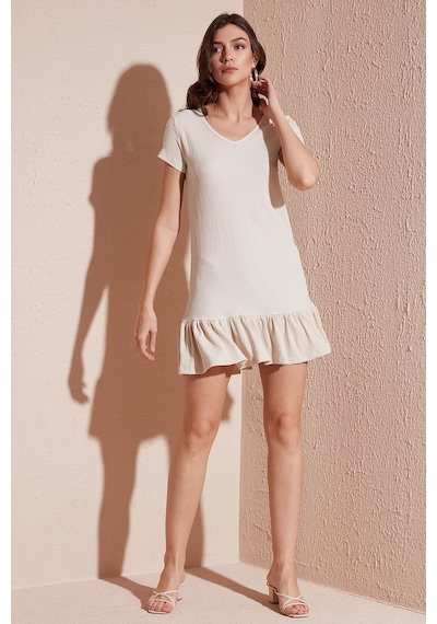 Lela Regular Fit Fırfırlı V Yaka Bürümcük Mini Bayan Elbise 5865071 Taş