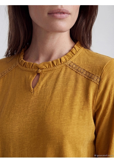 LC Waikiki Lcw Grace Sarı Fırfırlı Bisiklet Yaka Nakışlı Bluz Dark Yellow